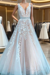 A-Line Ivory Lace Appliqued Long Wedding Dresses Formal Dresses Prom Dresses